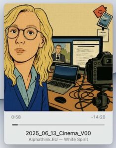 [ L'histoire européenne est autant de livres que de film. Le citoyen européen s'est identifié de l'encre bleue à la vidéo numérique archivée.
Bergman, Godard, Loach, Lynch, Haneke, Greenaway, Campion, Almodovar, Tati...
L'eurocitizen ne se cherche pas. Son reflet projeté, il marche à travers les images qu'il a lui même inventées depuis ses innovations technologiques. Alphathink 202506]